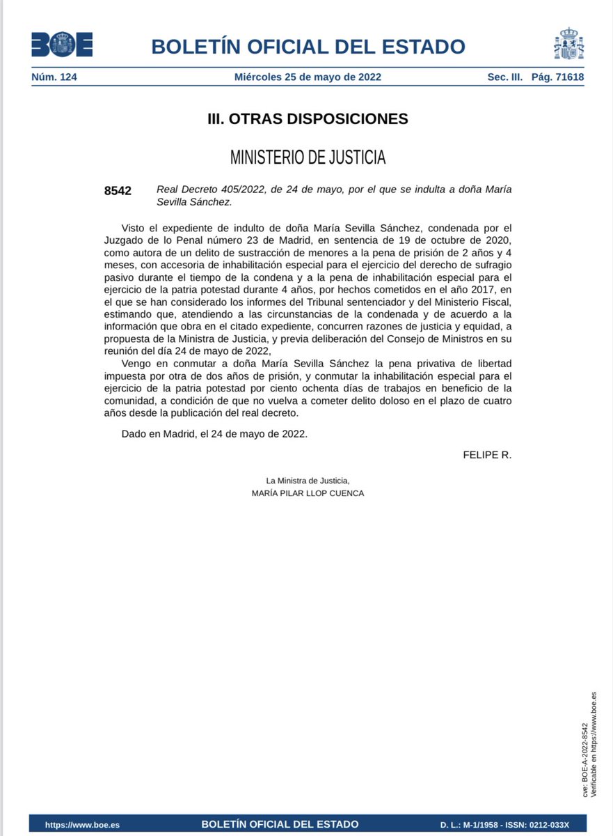 Le están cogiendo el tranquillo… María Sevilla fue condenada por sustracción de menores, acusó al padre de su hijo de abusar sexualmente de él, acabó perdiendo la custodia y le suspendieron cuatro años la patria potestad… y la acaban de indultar. #infancialibre #indulto