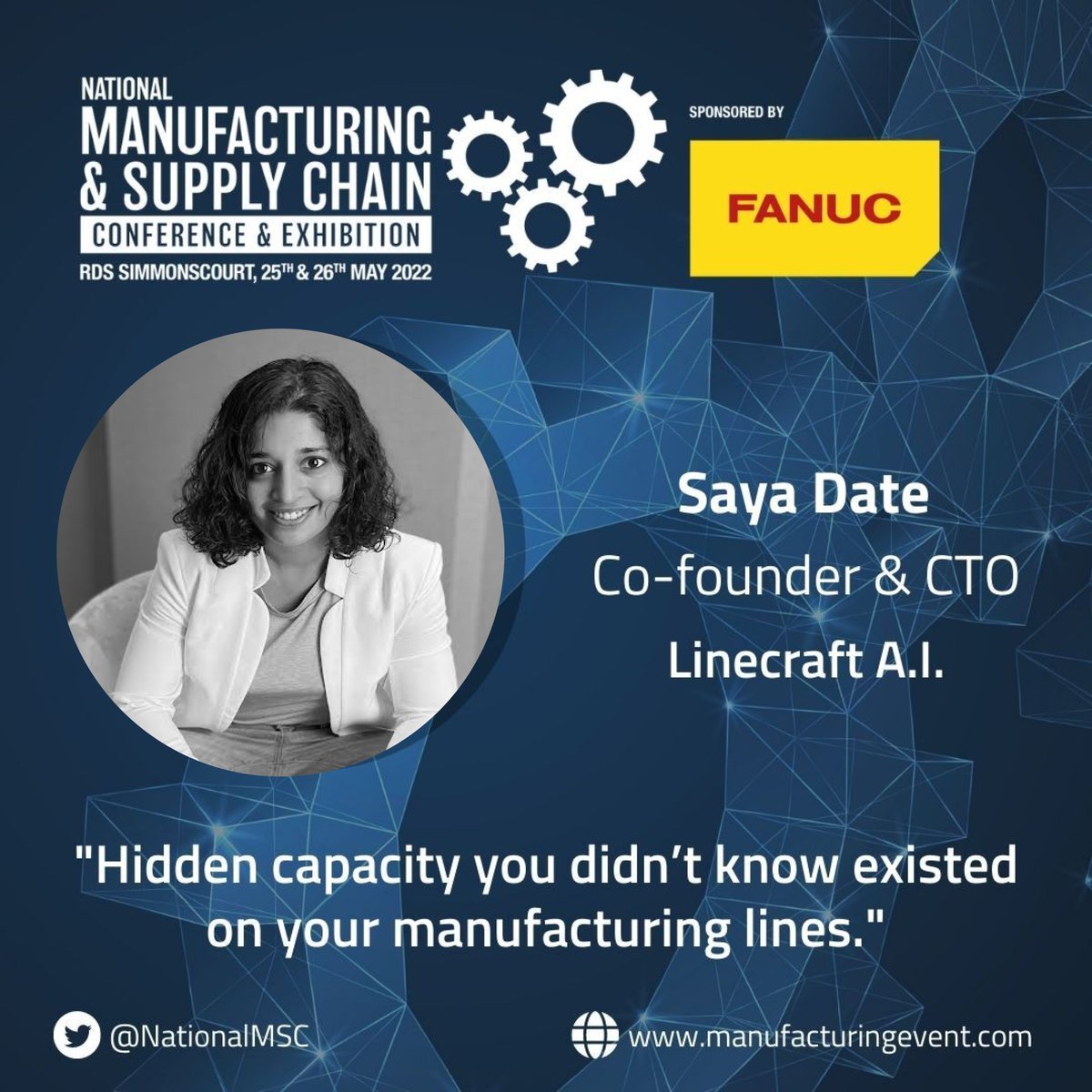 Delighted to share that our Co-Founder &amp; CTO, Saya Date, will be speaking about "Hidden capacity you didn't know existed on your manufacturing lines".
Join the talk at 13:40(CET) to get a glimpse at The Future of Manufacturing!
#NationalMSC #ManufacturingEXPOIRE #industry40 #IIoT
