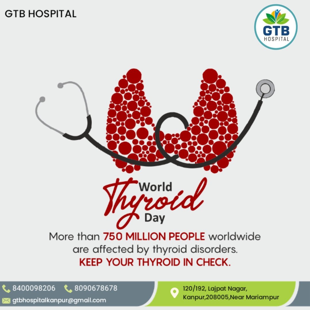 HospitalGtb's tweet photo. World Thyroid Day 🩺

24 hours Emergency Services 🚑

📌 GTB HOSPITAL 
📞 8400098206, 8090678678
📍 120/192,Lajpat Nagar,Kanpur - 208005

#gtbhospital #kanpurhospital #hospital #doctorinkanpur #doctor #health #kanpurcity #emergencyservices #consultation https://t.co/n3CvwR8MZl