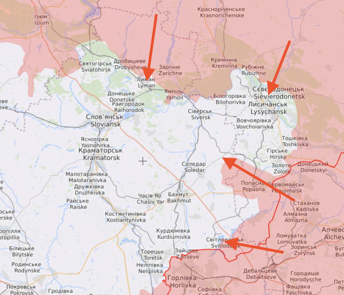 Российская армия нанесла 4 мощных удара и пробила оборону Украины в районе Попасной. В коротком треде постараюсь объяснить, как на мой взгляд это повлияет на войну в ближайшее время и чего ждать дальше ⬇️ #UkraineRussiaWar