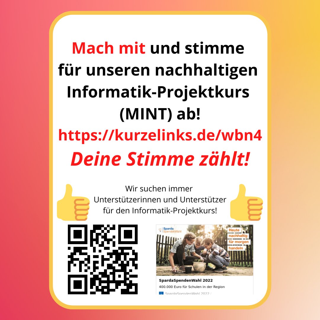 bueddingh's tweet photo. Unter dem Motto "Heute nachhaltig für morgen handeln" kannst Du unser nachhaltiges Informatik-Projekt unserer #Schule unterstützen. Jede Stimme zählt! (Teilen/Weitersagen)
#MINT #Informatik #Technik #spardaspendenwahl
#spardathrowback #GreenIT #GreenMINT
https://t.co/StHAuFmAPg https://t.co/Z0acbY5vQU