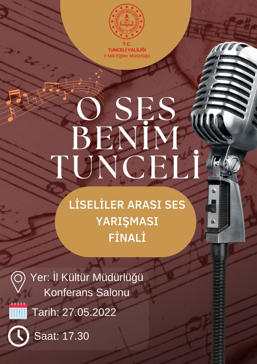 📢 Kültür-Sanat etkinlikleri kapsamında müzikte yetenekli öğrencilerimizin desteklenmesi ve salgın sonrasında tüm eğitim ailemize moral olması amacıyla düzenlediğmiz "O Ses Benim Tunceli" ses yarışmasına tüm halkımız davetlidir.🎼🎵

<a href="/tcmeb/">Millî Eğitim Bakanlığı</a> <a href="/TunceliValiligi/">T.C.Tunceli Valiliği</a> <a href="/gurselekmekci/">Gürsel EKMEKCİ</a>