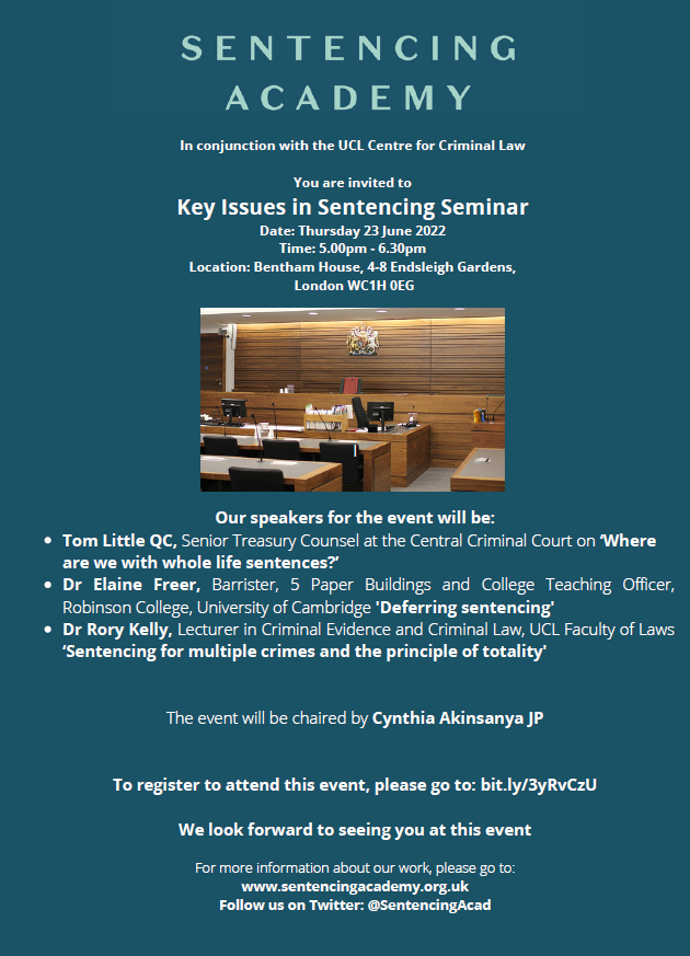 SentencingAcad's tweet photo. We are delighted to be co-hosting an in-person 'Key Issues in Sentencing' seminar with the @UCLLaws Centre for Criminal Law on Thursday 23 June.

The speakers will be: Tom Little QC, Dr Rory Kelly and Dr Elaine Freer. Full details below.

To register: https://t.co/DGOV6B041A https://t.co/VR9b8YBrR6