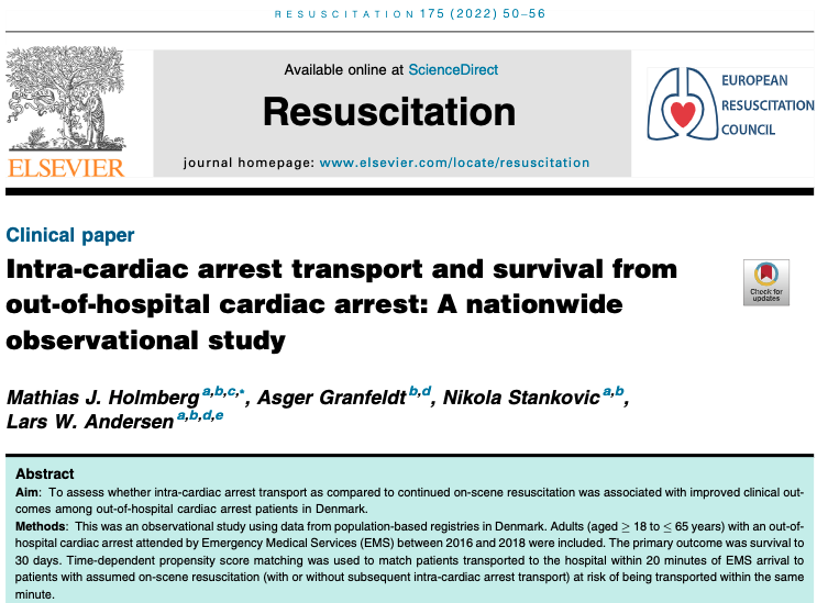 RECEM_CFA's tweet photo. In this study, intra-cardiac arrest transport was associated with a non-significant increase⬆️ in survival within 20 min of EMS on-scene arrival among patients aged 18-65 years.🚑
However, the results should be interpreted carefully.

🔗https://t.co/esSPIFZcvb
@ResusJournal https://t.co/yTmBQwkplh