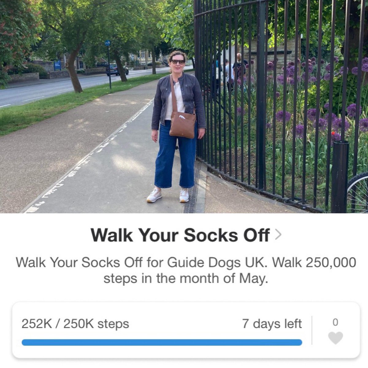 hecastle's tweet photo. Yesterday I made it over the 250k finish line for 2022 #walkyoursocksoff - 250,000 steps in May! A big thank you to my generous sponsors whoβve helped me raise a phenomenal Β£745 for @guidedogs Iβll keep on counting steps until end of May. Fundraising: https://t.co/1U8IaQ7HVd https://t.co/QFkpDgkip5