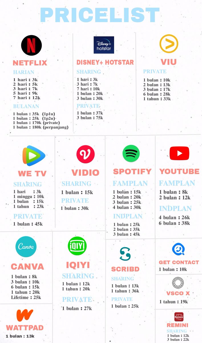 fireash__'s tweet image. Pricelist buat netflix, disney+ hotstar, viu, dll full garansi 🥳🥳

Ketuk dm/wa wa.me/6282316904673 🙆‍♀️