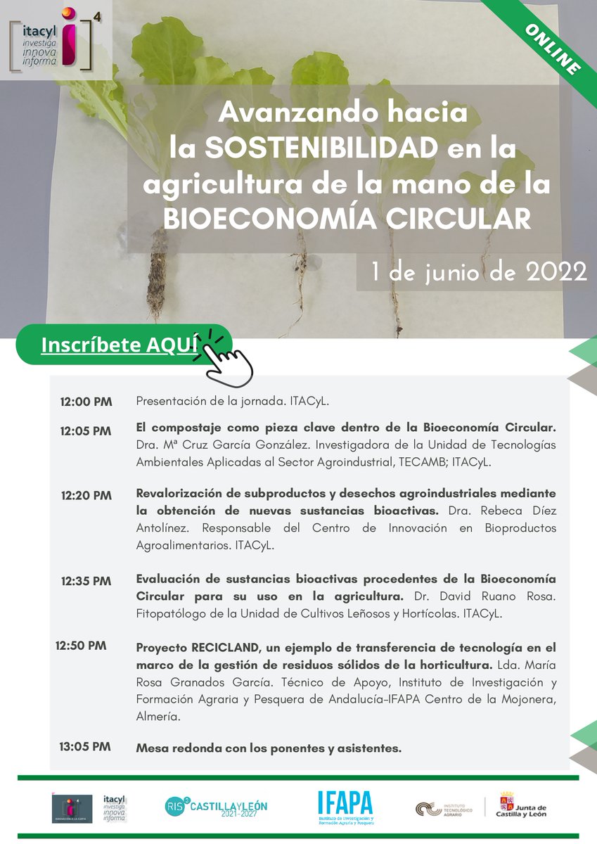 👩🏻 Nuestra compañera M. Rosa Granados participará en la jornada "Avanzando hacia la sostenibilidad en la agricultura de la mano de la bioeconomía circular" para presentar la línea de gestión de residuos mediante compostaje del proyecto #Recicland♻️

➡️ Organiza <a href="/ITACYL/">Innovación agroalimentaria - JCyL</a>
