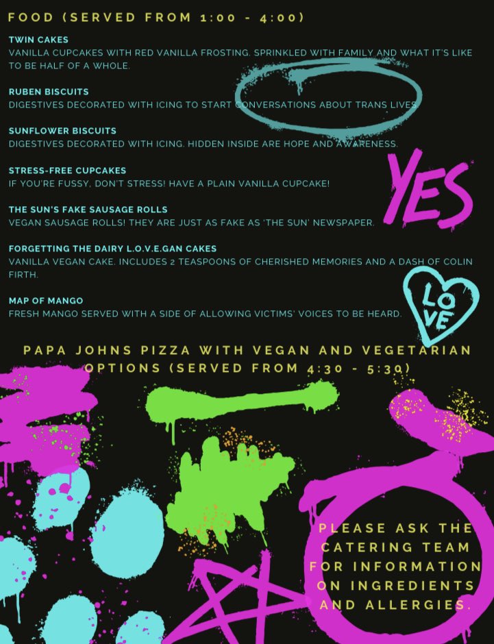 Todays the day! Be sure to come along to see some amazing acts and eat/drink so tasty treats! 💜 
(menu designed by Sophie Bright)