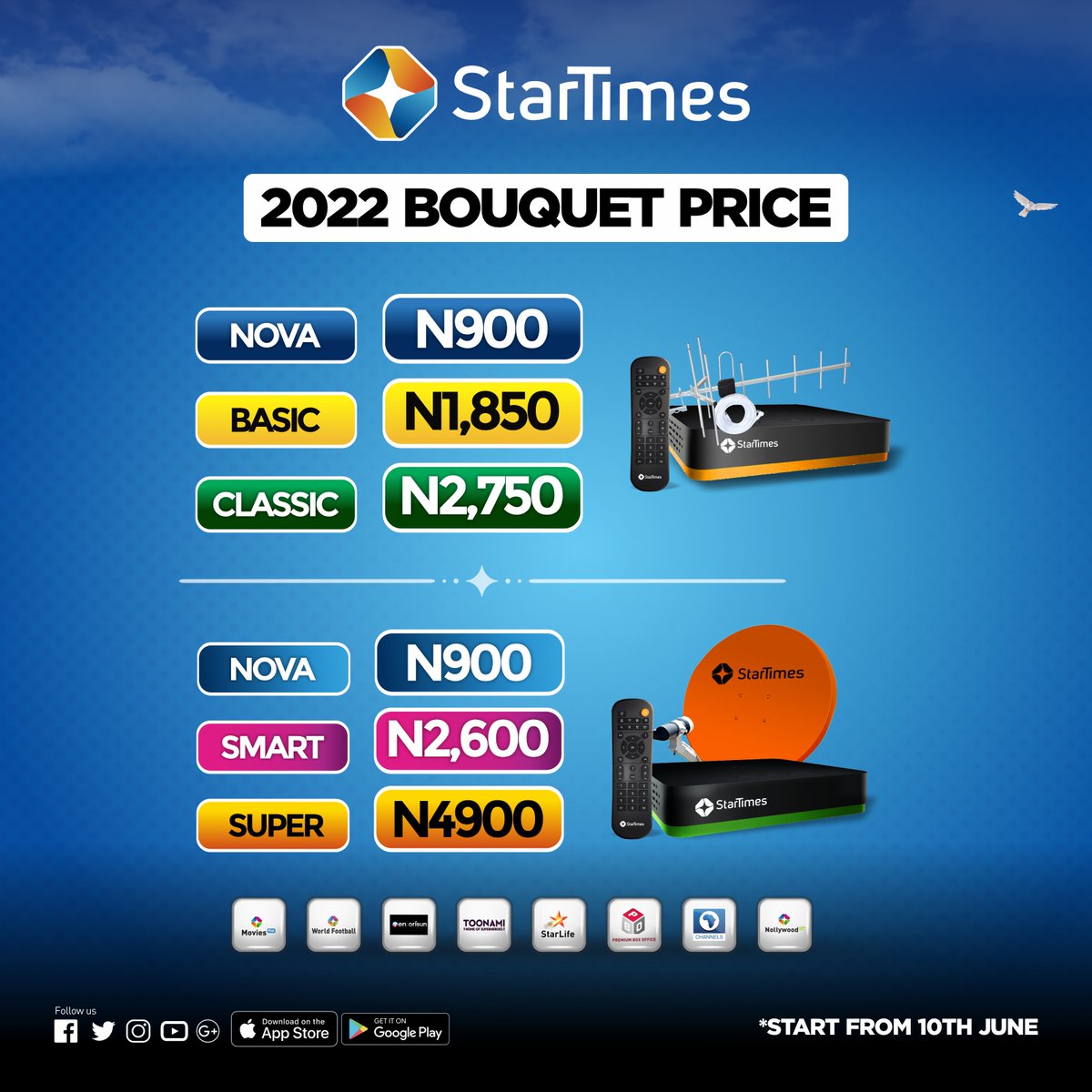 StarTimes_Ng's tweet photo. #NewPriceAlert!
StarTimes is introducing new bouquet prices starting June 10, 2022.
DTT (Antenna): Nova at N900, Basic at N1850, Classic at N2750
DTH (Dish): Nova at N900, Smart at N2600, Super at N4900.
Expect more entertainment with this price adjustment
#StarTimesCares https://t.co/h7qCUfx5gl