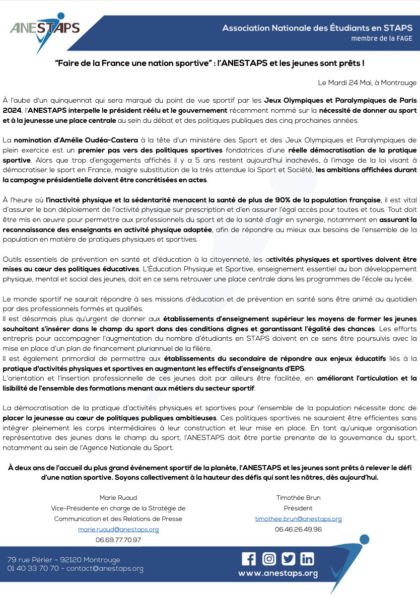[#NouveauGouvernement 🇫🇷]
 
🗣L'ANESTAPS interpelle <a href="/EmmanuelMacron/">Emmanuel Macron</a> et le gouvernement d'<a href="/Elisabeth_Borne/">Élisabeth BORNE</a> sur la place centrale qui doit être donnée au #sport durant les 5 prochaines années.
 
🏅À deux ans de <a href="/Paris2024/">Paris 2024</a>, relevons ensemble le défi d'une nation sportive ! 
<a href="/AOC1978/">Amélie Oudéa-Castéra</a>