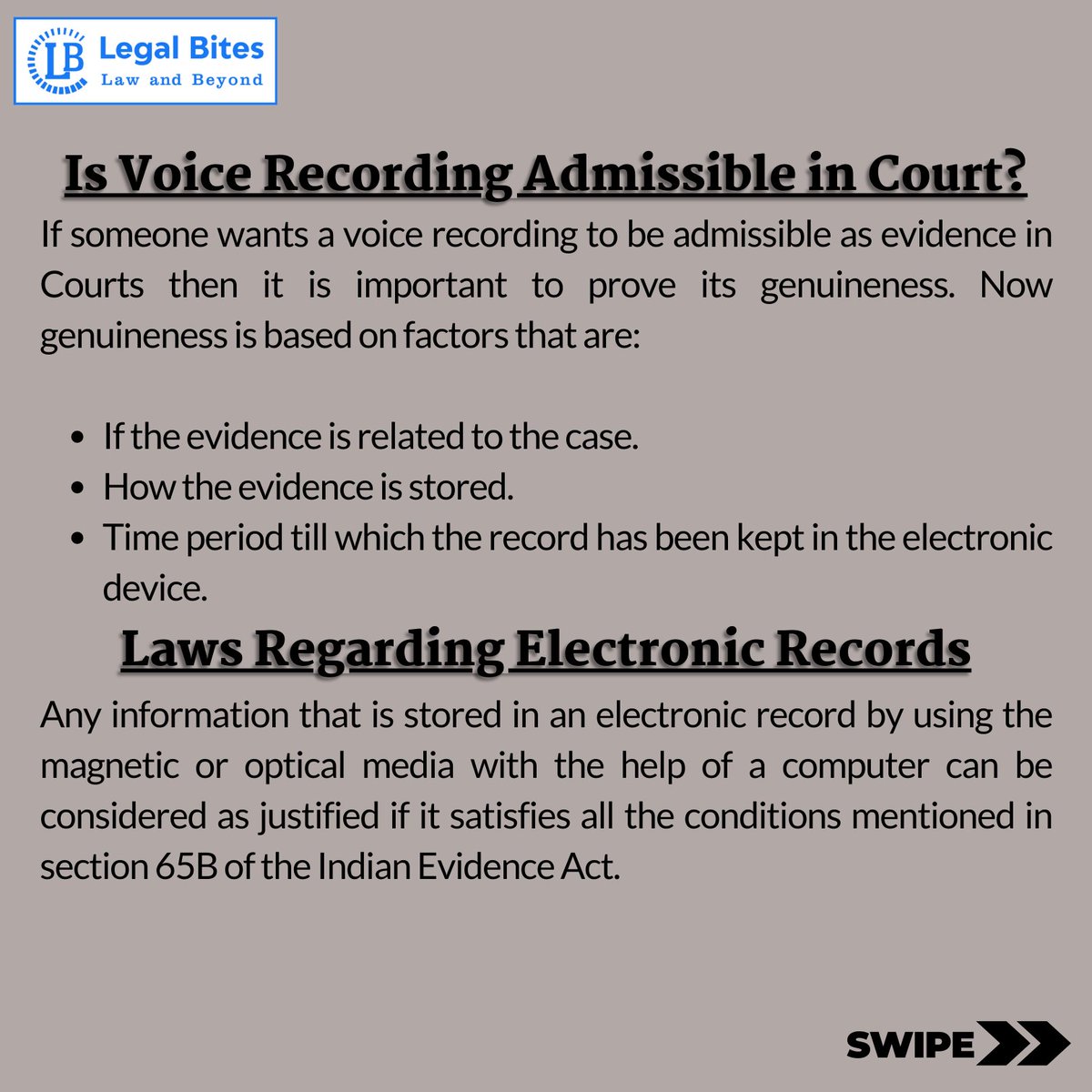 Legal_bites's tweet photo. Audio recordings are admissible in a court of law as per Section 65B of Indian Evidence Act.
#Recording #evidence #electronic #admissibility #court #section65b #Audio #voicerecording #apnalawschool #legalbites #legalbitesacademy https://t.co/LrNwGIdlhf