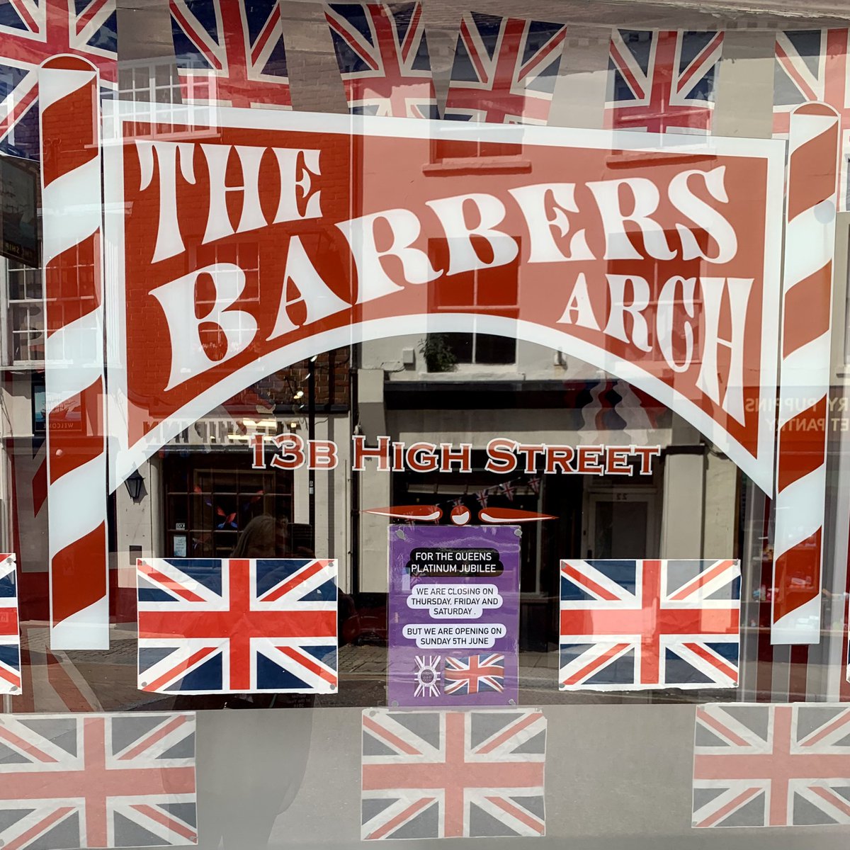 My little barbershop ready for the Querns platinum jubilee. We are closed Thursday, Friday and Saturday but opening in Emsworth on Sunday 5th June #EMS #Emsworthlife #barbershop #barbers #QueensJubilee