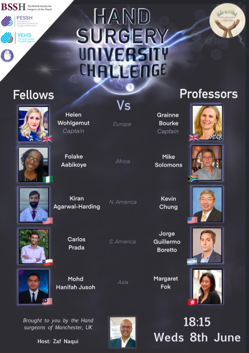 ¡Pon a prueba tus conocimientos en Cirugía de la Mano! ¡Participa en este fantástico cara a cara entre professores y fellows del mundo! 
¡No te lo pierdas por nada!!
🤯🙋🙋‍♀️👩‍🎓👨‍🎓🤪🔥🙇‍♂️🙇‍♀️👏👏👏
Nos vemos en la sala!! 
Recuerda: IFSSH-IFSHT-FESSH!!