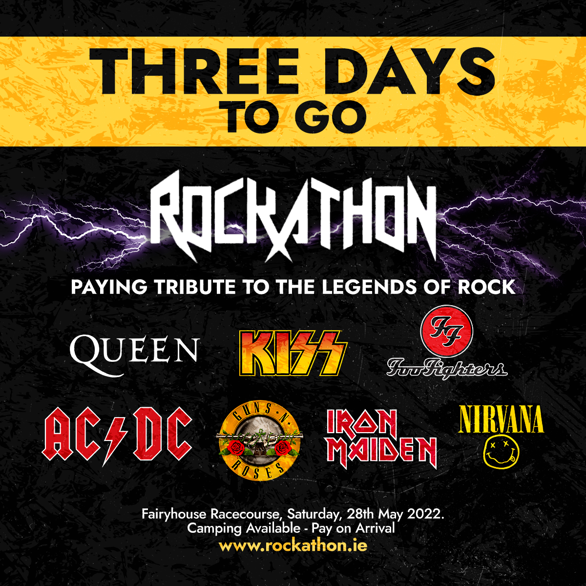 𝗧𝗛𝗥𝗘𝗘 𝗗𝗔𝗬𝗦 𝗧𝗢 𝗚𝗢 🤘

Are you ready to rock Fairyhouse Racecourse on Saturday 🤘🏼🎸

#Rockathon #Rockathon2022 #RockFestival