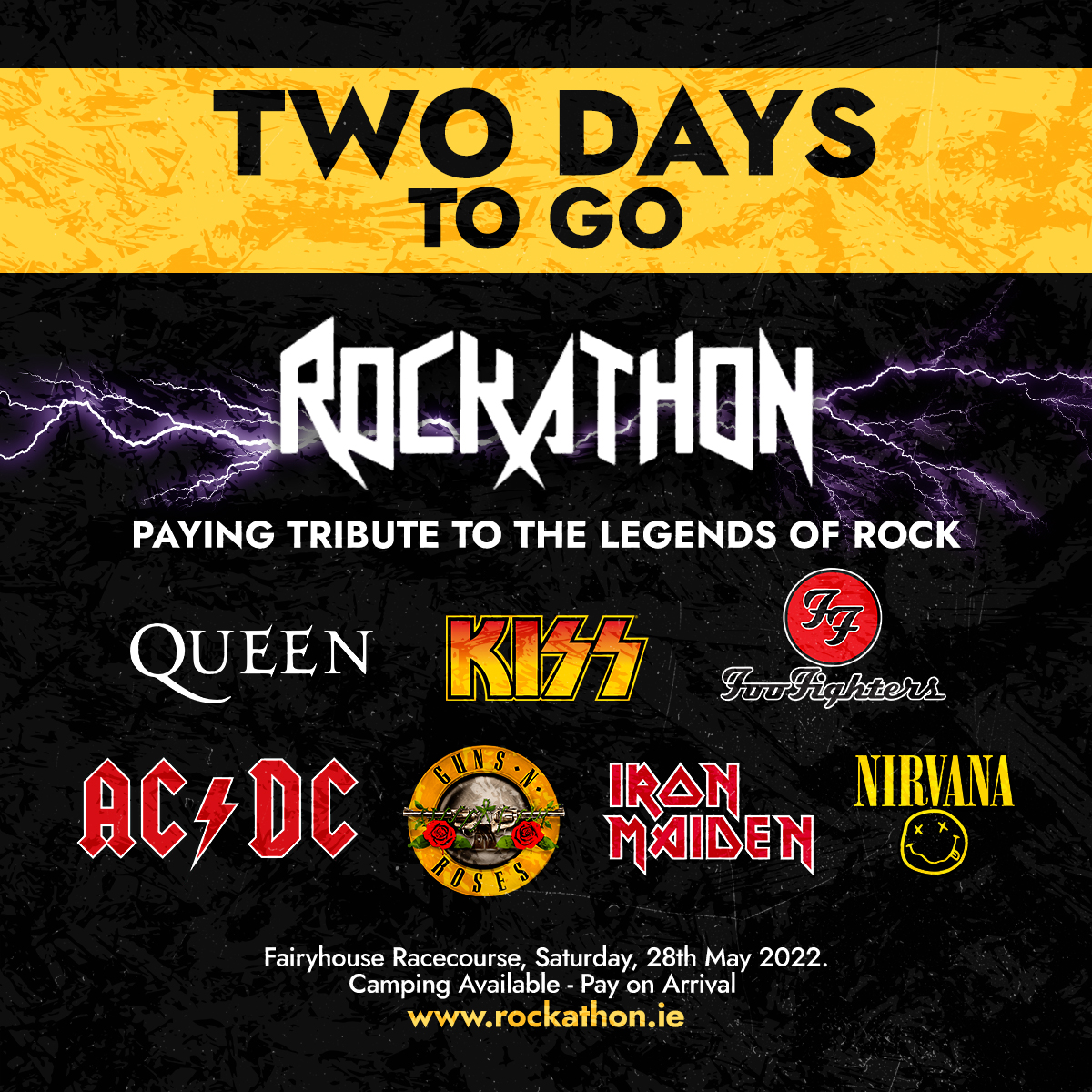 ⚡ 𝗧𝗪𝗢 𝗗𝗔𝗬𝗦 𝗧𝗢 𝗚𝗢 ⚡ The wait is almost over 🤘🎸 Let’s rock at Fairyhouse Racecourse on Saturday 🤩

Grab your tickets now while you still can 😁

#Rockathon #Rockathon2022 #RockFestival