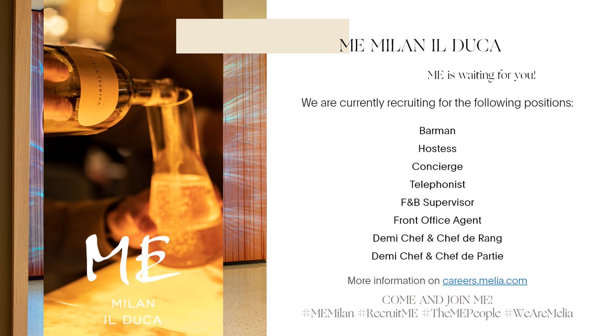 MeliaCareers's tweet photo. "In whichever story you choose, you can be the star at @MeliaHotelsInt" 😉

Come to be part of a young and dynamic team 😁
If you are passionate about art and culture, #MEMilan is the place for you.

👉 https://t.co/kL8NpwTkSI

#WeAreMelia #TheMEPeople #Lavoro #JobsForUkraine https://t.co/nuIPbDxeYC