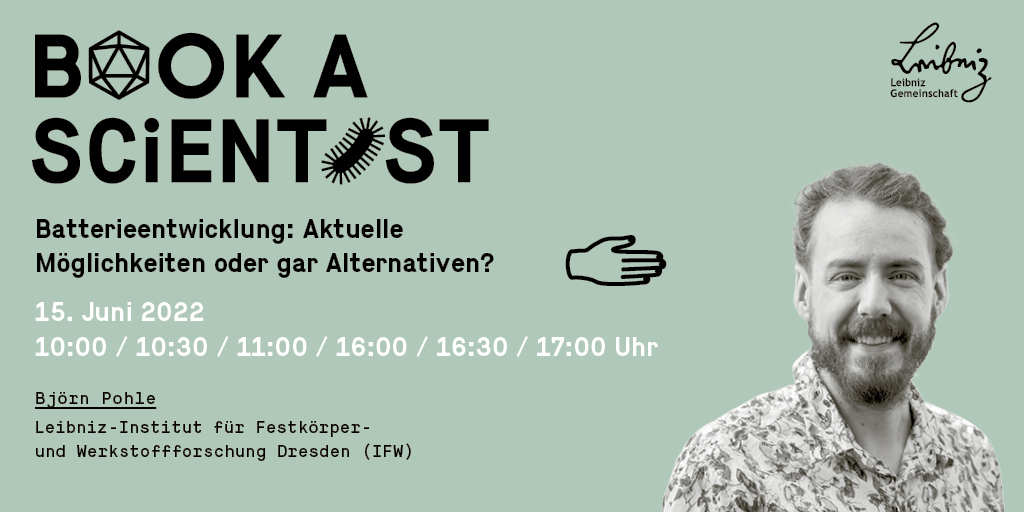 Science-Speeddating zum Thema Batterieentwicklung mit unserem Wissenschaftler Björn Pohle. Termin jetzt buchen unter: leibniz-gemeinschaft.de/bookascientist
#bookascientist in Kooperation mit @silbersalzhalle
 #wisskomm #wiesoweshalbwarum