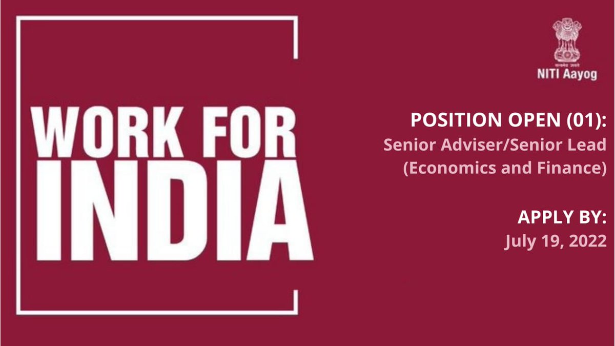 NITIAayog's tweet photo. 📢Hiring Alert
#NITIAayog is inviting applications for the post of Senior Adviser/Senior Lead in Economics and Finance.
Here’s an opportunity for you to #WorkForIndia and work towards transforming #India🇮🇳!
Apply by 🗓️𝟏𝟗𝐭𝐡 𝐉𝐮𝐥𝐲 𝟐𝟎𝟐𝟐: https://t.co/nt5RhAFFhU https://t.co/3kdpEa86QT