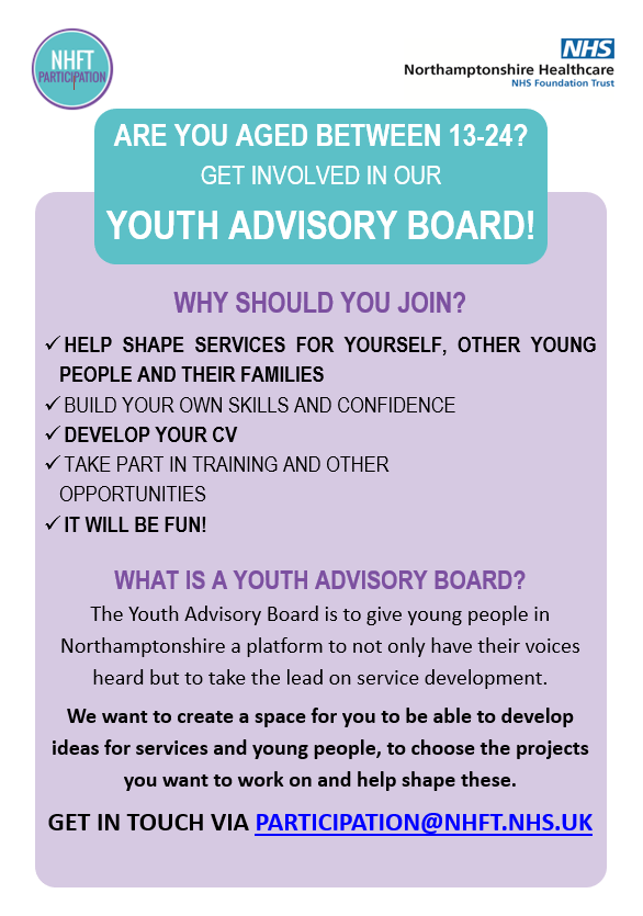 NHFTSchoolNurse's tweet photo. An exciting opportunity for young people to develop ideas &amp; help shape local services⬇️
Contact participation@nhft.nhs.uk
#NHFTNHS #WeareNHFT #Northamptonshire https://t.co/N7LGdAycpY