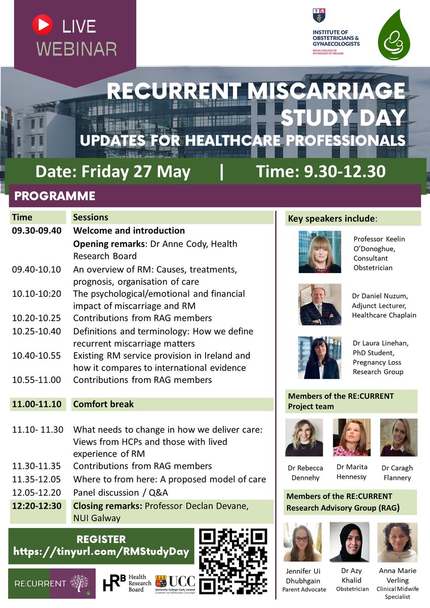 Health professionals - Still time to register for our #ReCurrentStudyDay

Hear about the latest research &amp; guidance from members of the #ReCurrentStudy &amp; colleagues <a href="/PregnancyLossIE/">PregnancyLossUCC</a>

🖥️ Register via tinyurl.com/rmstudyday

#RecurrentMiscarriage #Miscarriage #CPD <a href="/keelinodonoghue/">Keelin O'Donoghue</a>