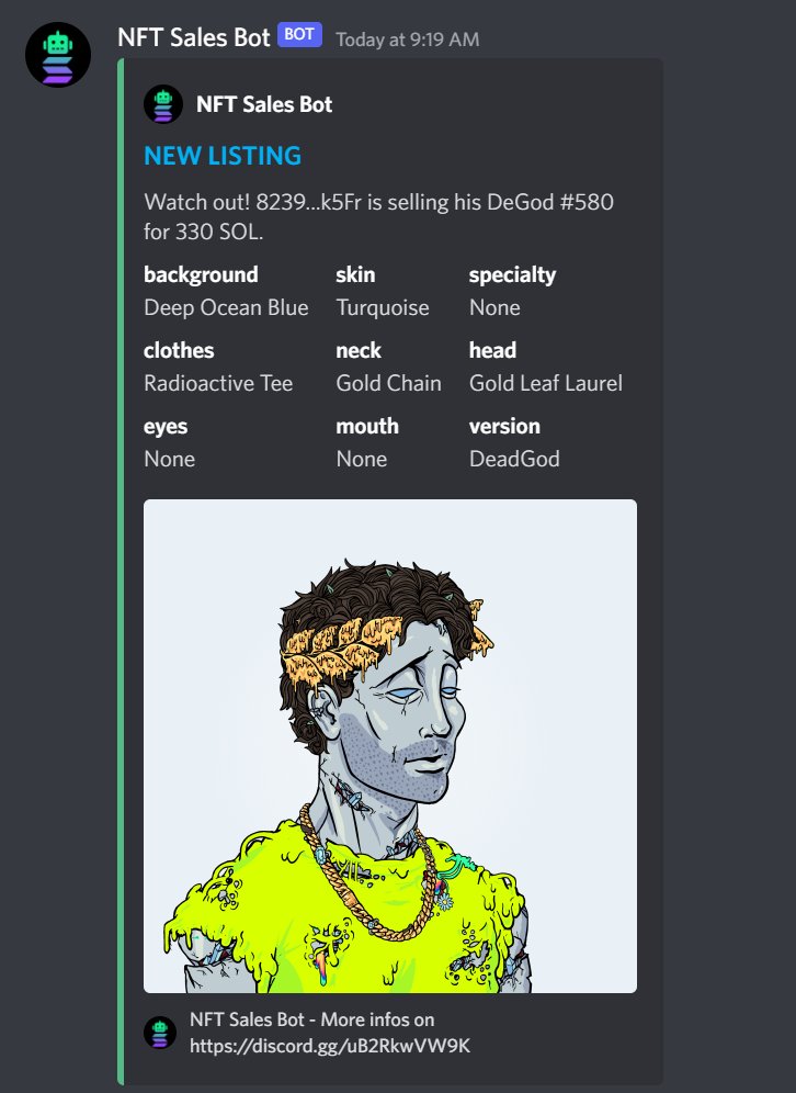 SolNFTSales's tweet photo. We also support posting new listings to your Discord or Twitter account! Just like this beautiful @DeGodsNFT  

#solana #SolanaNFT #SolanaNFTs #NFTCommunity #SolanaSummer #SolanaCommunity https://t.co/X2AIw83yLB