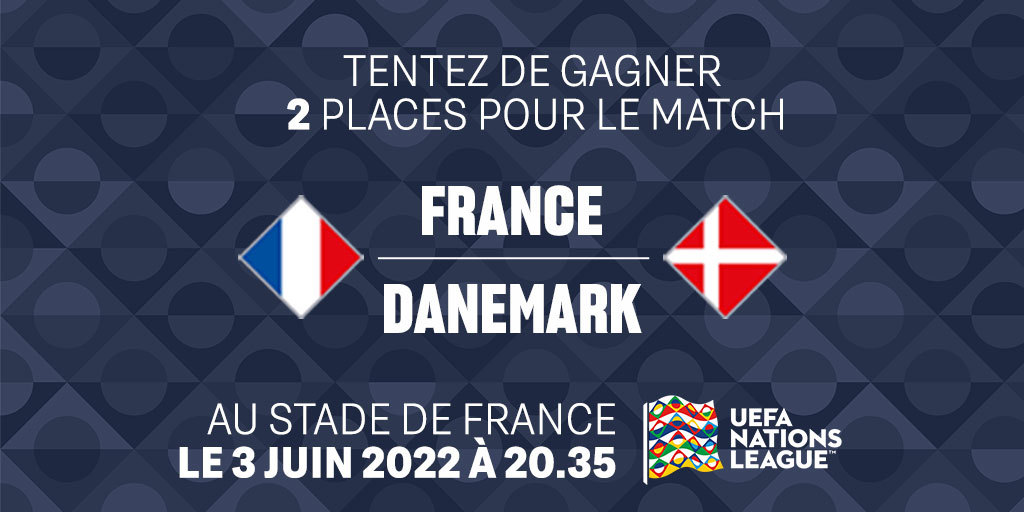⚠️ Tentez de gagner deux places pour assister au match France/Danemark ! ⚠️ On vous offre la possibilité de venir supporter les Bleus lors de cette rencontre #FRADAN accompagné de la personne de votre choix ⚽ Pour cela, rien de plus simple : il vous suffit de retweeter ce post !