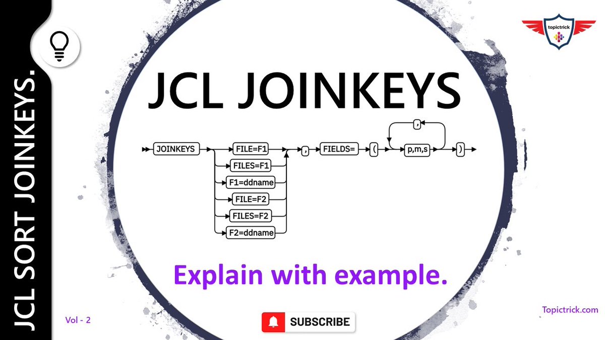 topictrick's tweet photo. JOINKEYS is one of the popular features of DFSORT/MFX. It enables the programmers to perform various join operations on two files. Click the link to watch the video.
https://t.co/7xCw71JeGS
#jcl #cobol #mainframe #vsam #tutorial https://t.co/pWEhfLCVYk
