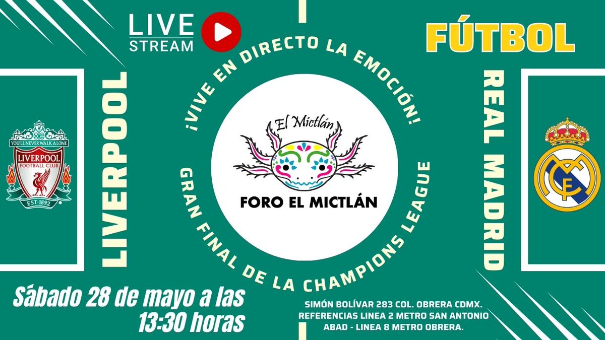 Nos vemos este sábado para la final de la Champions
28 de mayo a las 13:30. NO COVER y un sonido impresionante😎
#FOROELMICTLAN #todosvamosparaelmictlan #FinalChampionsLeague #cerveza #futbol #soccer #LiverpoolFC #RealMadridCF #realmadridvsliverpool #livestream