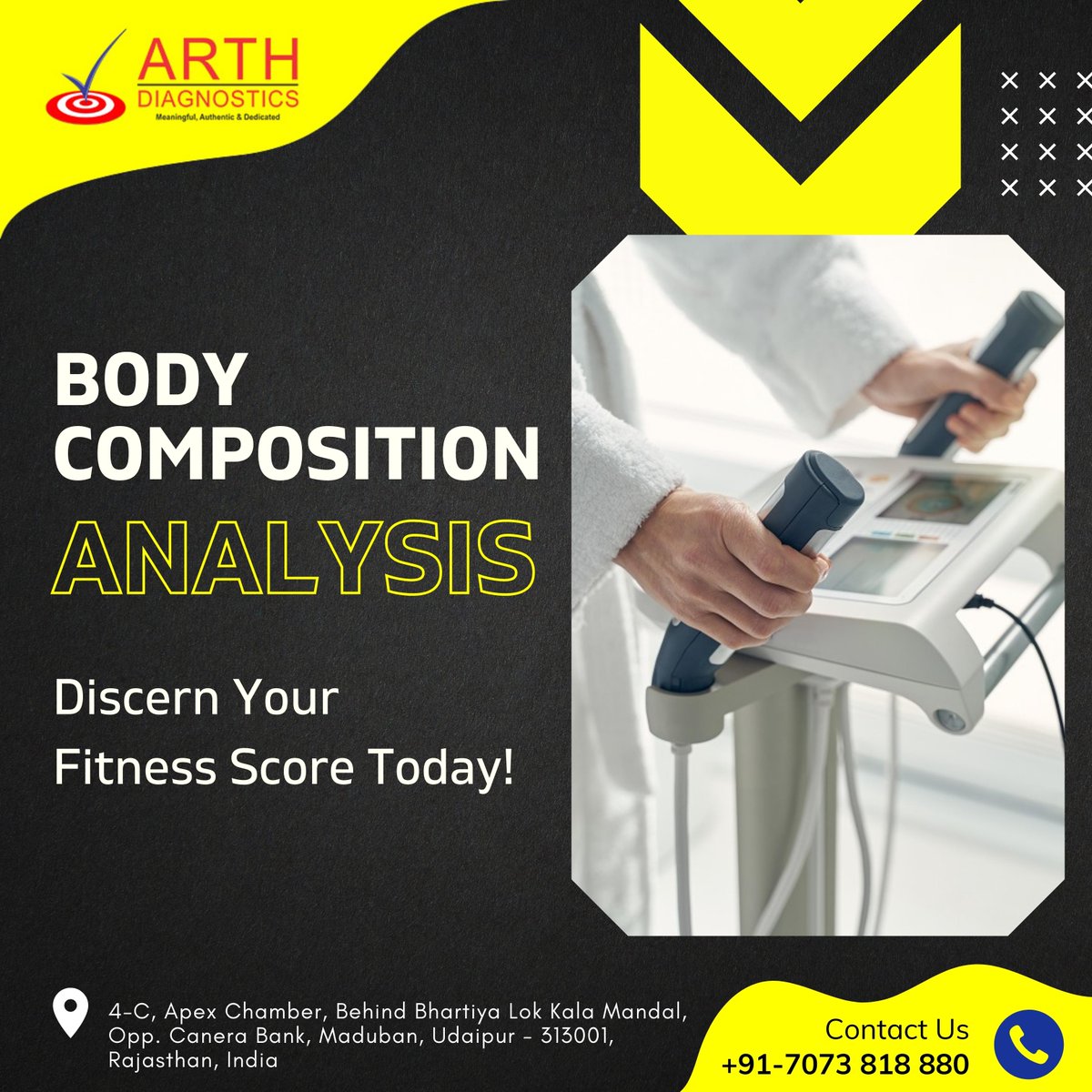 ArthDiagnostics's tweet image. With Arth Diagnostics know your fitness scores with  Eight Point Multi-Frequency Multi Tactile Bioelectrical Impedance Technology.

Call: +91 9929093266
3rd Floor, 4C Arth Building, Behind Bhartiya Lok Kala Mandal,Udaipur
arthdiagnostics.com

#arthdiagnostics #bodycomposition