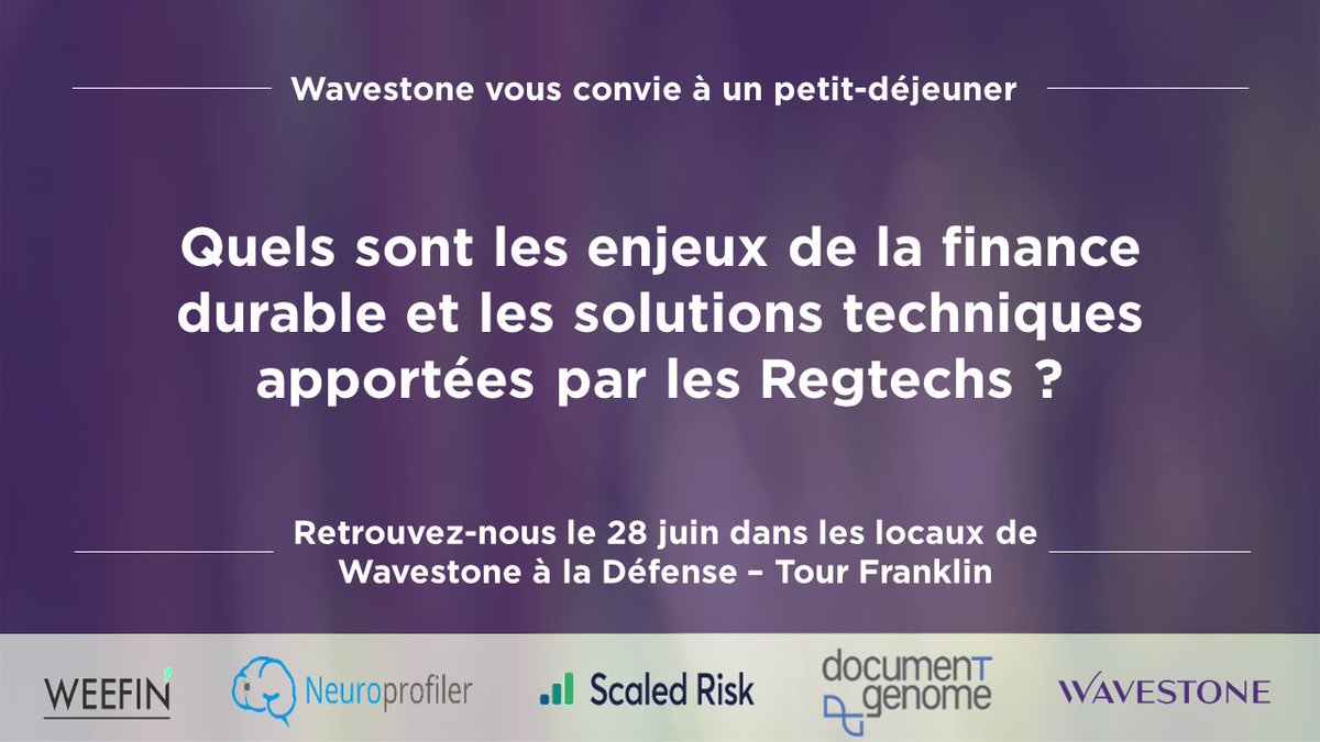 wavestoneFR's tweet photo. Invitation : venez découvrir les enjeux de la #finance #durable autour d’un petit-déjeuner, suivi d’une table ronde animée par 4 #RegTechs.

Information et inscription ➡ https://t.co/DMlozi5y9h https://t.co/4Ndo6Q9uRR