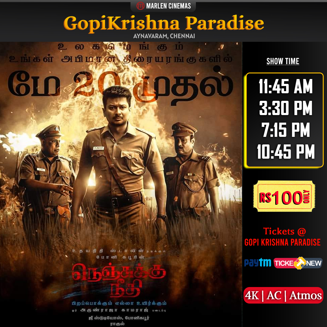 Marlencinemas's tweet photo. #NenjukuNeedhi running successfully at #GopiKrishnaComplex .
@Udhaystalin
#Maamannan #UdhayanidhiStalin #ArunrajaKamaraj @NenjukuNeedhi Show time 11:30 am,2:30 ,7:00 & 10 PM daily. Ticket rate 100 rs https://t.co/oQoMxBcXC3