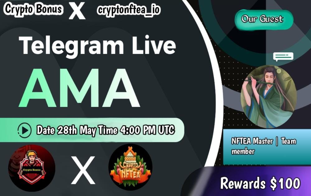 CryptoBonus09's tweet photo. 🎀 #AMA Series With Crypto nftea_io

🎁 Prize: $100
📆 Date: 28th May 2022 4:00 PM UTC
🏨 Venue: https://t.co/xyovqnS92o

⚡Rules: 

1️⃣. Follow
@CryptoBonus09
@CryptoNFTea_
2️⃣. Like Retweet &amp; Comment Your Questions ( 5 Questions Max ) Tag 3 Friends. https://t.co/EVrPfQ8NoL