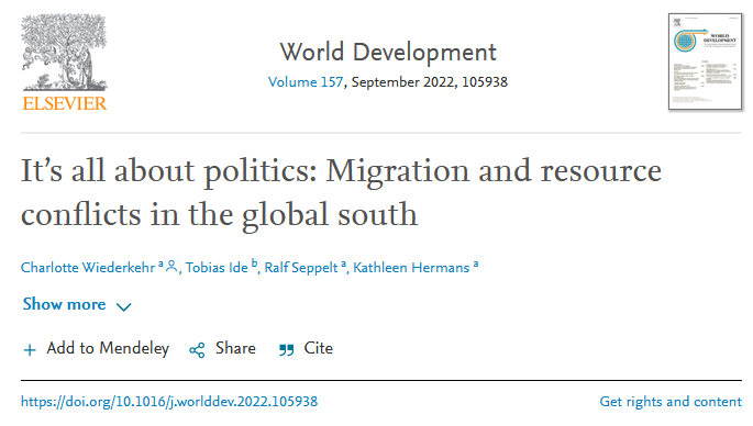 CharlotteWiede1's tweet photo. 📢Hot off the press in @WorldDevJournal: 
Our new meta-study on natural resource conflicts in migrant-receiving areas! We explain why political actions are key for mitigating or accelerating tensions.
@hermans_kath @RSeppelt 

Free access until June 30👇
https://t.co/yL04ZfHA2C https://t.co/sG3iKm9V7h
