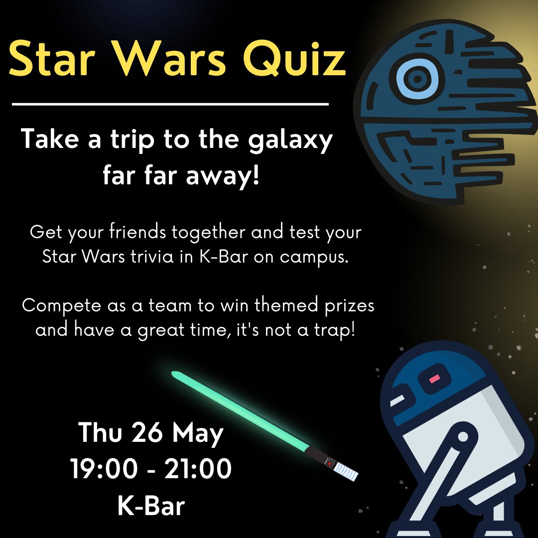 Lightsabers at the ready... Find out how strong the force is within you and compete in this epic Star Wars Quiz at K-Bar🤩!

Please book a space for each person that wants to take part at the event page ow.ly/hr7T50Jhm9P

May the Force Be With You✨