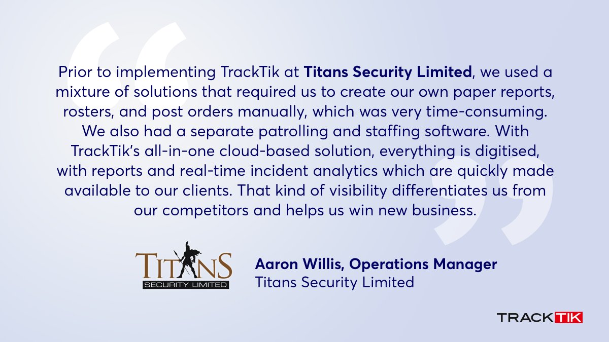 #Manualpaperwork? Separate #patrolling &amp; staffing management? These lead to error-prone, siloed operations. Titans Security knows this better than anyone, which is why they transitioned to TrackTik. The result is as attested in their testimonial 👇
==
Ce que dit un client 👇