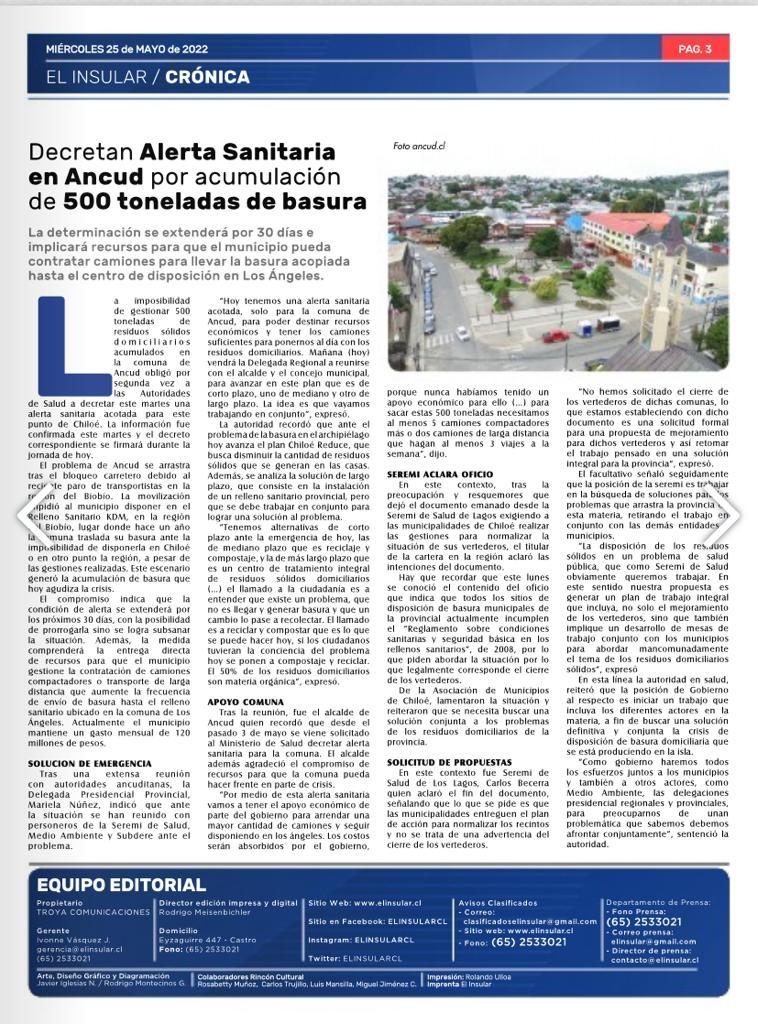seremisalud10's tweet photo. [Prensa] 🗞"Decretan Alerta Sanitaria en Ancud por acumulación de 500 toneladas de basura" destaca #ElInsular

🔹 La determinación de extenderá por 30 días e implicará recursos para que el municipio puedan llevar la basura acopiada al centro de disposición en Los Ángeles https://t.co/eT8WUFZUAM