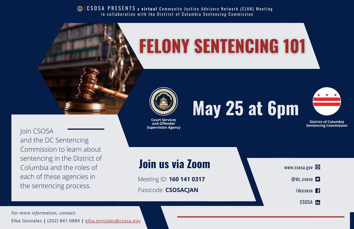 DC_CSOSA's tweet photo. TONIGHT | Join #CSOSA and the @DcCommission to learn about felony sentencing in DC and the roles our two agencies play in the process.
This virtual #CJANmeeting starts at 6pm on Zoom: https://t.co/rIyet6LexV https://t.co/y8rrNlwe1i