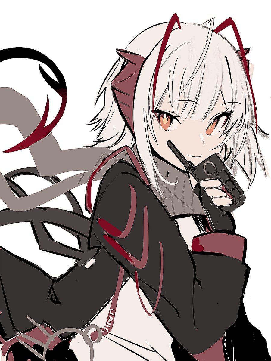 w (arknights) 1girl solo gloves holding horns white background fingerless gloves  illustration images