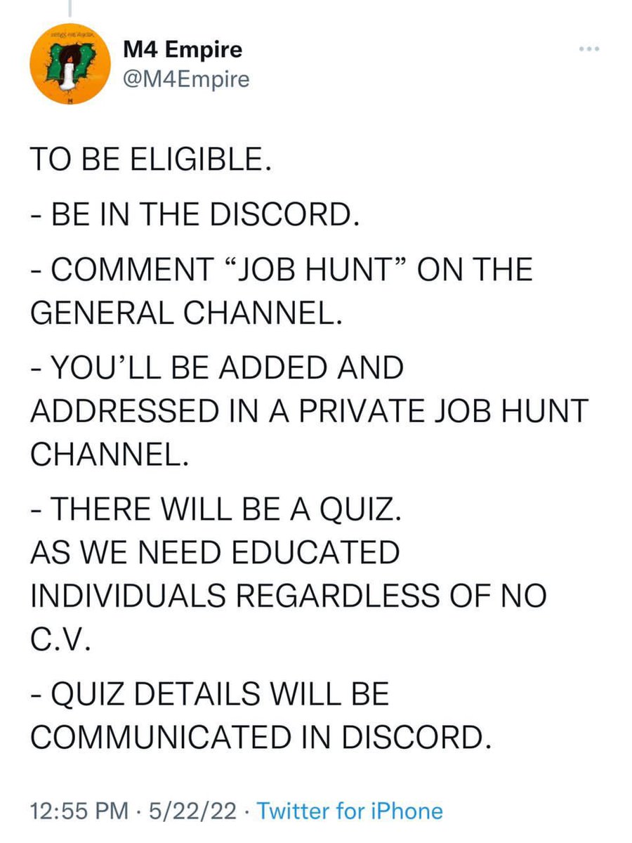mrtomiwa007's tweet photo. This is for everyone on the tl, go through the pictures for details you need to get a job with @M4Empire and earn nothing less than N1million! Donโt snooze on this, e get why
Link to the discord : https://t.co/wojKnVKLVs
#M4Empire #M4NFTCommunity
THREAD ! https://t.co/aDU03Ut0yE