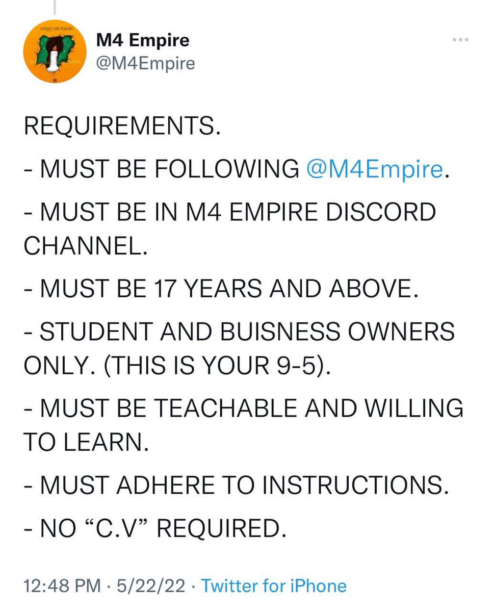 mrtomiwa007's tweet photo. This is for everyone on the tl, go through the pictures for details you need to get a job with @M4Empire and earn nothing less than N1million! Donโt snooze on this, e get why
Link to the discord : https://t.co/wojKnVKLVs
#M4Empire #M4NFTCommunity
THREAD ! https://t.co/aDU03Ut0yE