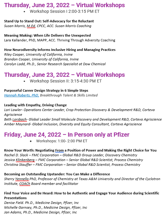 EWOC8's tweet photo. #EWOC2022 is pleased to announce this year's workshops! Come join us for this outstanding personal growth &amp; development opportunity. #WomenInChemistry @ACSorganic https://t.co/FEgzZmlD1v https://t.co/aKih5U8qnf