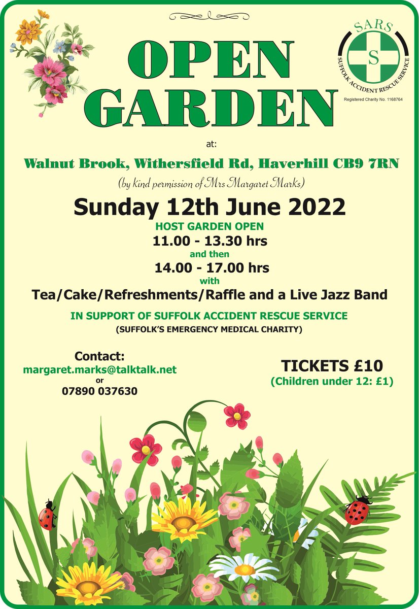 sarsHQ's tweet photo. Join us for a day of beautiful open gardens, tea, coffee and cake whilst listening to jazz - Sunday 12th June. A chance to meet some of the SARS team and help raise funds for the charity - we would love to see you there....
#haverhill #suffolk #opengarden #SupportSARS https://t.co/S7lFoxUA3u
