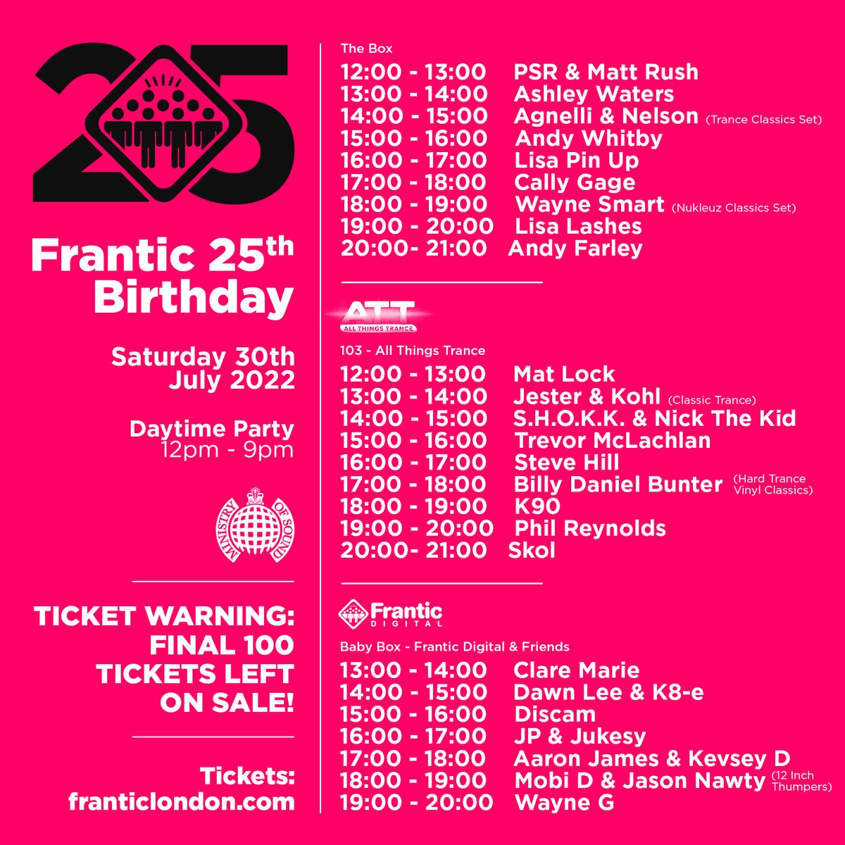 Frantic UK (@frantichq) on Twitter photo Set times announced for Frantic 25th Birthday at <a href="/ministryofsound/">Ministry of Sound</a>
on Saturday 30th July, final tickets: skiddle.com/e/36020509
<a href="/djlisalashes/">Lisa Lashes</a>
<a href="/DJANDYWHITBY/">Andy Whitby</a>
<a href="/DJAndyFarley/">Andy Farley</a>
<a href="/CallyGage/">Cally Gage</a>
<a href="/Waynesmart1979/">Wayne Smart</a>
<a href="/Ashley_Waters/">Ashley Waters</a>
<a href="/PSRDJ/">paul ryan</a>
<a href="/djstevehill/">Steve Hill</a>
<a href="/DJBillyBunter/">BILLY DANIEL BUNTER</a> Set times announced for Frantic 25th Birthday at <a href="/ministryofsound/">Ministry of Sound</a>
on Saturday 30th July, final tickets: skiddle.com/e/36020509
<a href="/djlisalashes/">Lisa Lashes</a>
<a href="/DJANDYWHITBY/">Andy Whitby</a>
<a href="/DJAndyFarley/">Andy Farley</a>
<a href="/CallyGage/">Cally Gage</a>
<a href="/Waynesmart1979/">Wayne Smart</a>
<a href="/Ashley_Waters/">Ashley Waters</a>
<a href="/PSRDJ/">paul ryan</a>
<a href="/djstevehill/">Steve Hill</a>
<a href="/DJBillyBunter/">BILLY DANIEL BUNTER</a>