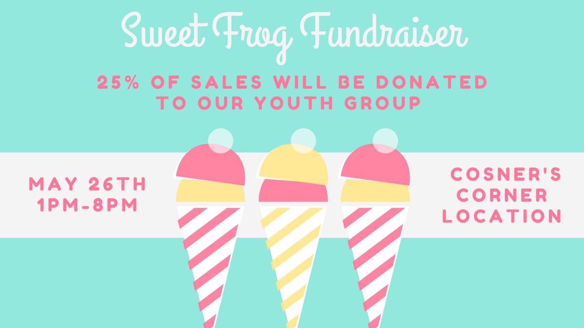 NewPostChurch's tweet image. Need something sweet?  Come out to Sweet Frog in Cosner's Corner and mention New Post Church.  25% of all sales will be donated to the Youth Group's trip to NTS Camp this year!