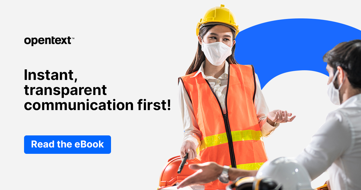 OpenText's tweet photo. In uncertain times, transparency is critical to safety. Direct communication builds #trust and Safe-Workplace Playbook Management keeps your employees up to date. #returntoworkplace #safetyfirst https://t.co/mwf9kxZqd5 https://t.co/tRHuLZDNjM