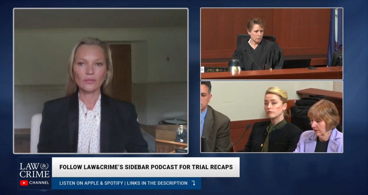 ThatBrianFella's tweet photo. Amber Heard (giving a Zoolander look) watching the magnificent Kate Moss give testimony that Johnny Depp never once was physical with her. But actually carried her and got her medical assistance when she fell down some stairs. He didn't push her like Amber tried to imply. https://t.co/lnZwdZquGG