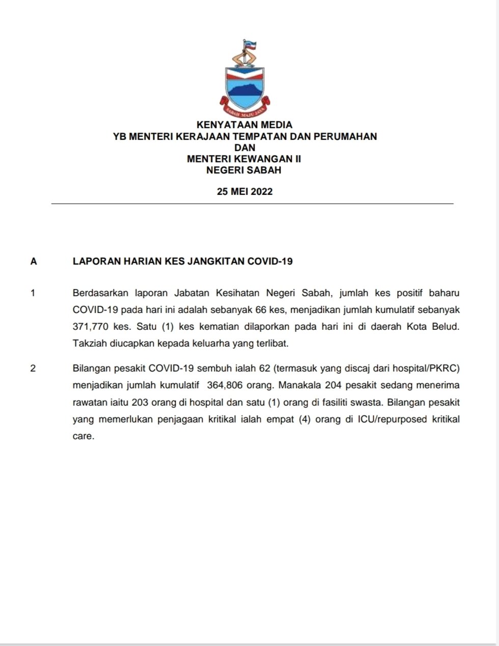 Jabatan Penerangan Sabah On Twitter Kenyataan Media Yb Menteri Kerajaan Tempatan Dan Perumahan Dan Menteri Kewangan Ii Negeri Sabah 25 Mei 2022 Sumber Jawatankuasa Pengurusan Bencana Covid19 Negeri Sabah Japensabah