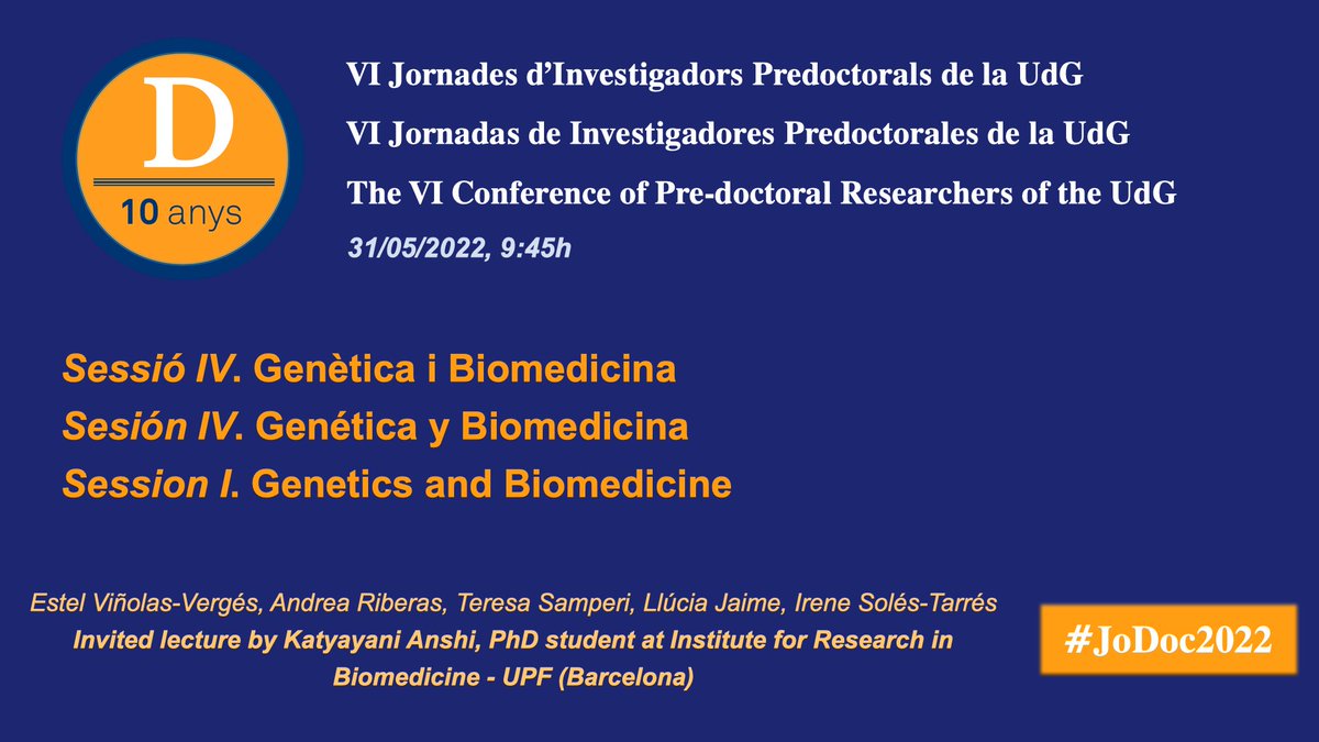 JoDoc_UdG's tweet photo. La investigació en genètica i biomedicina és essencial per combatre les malalties d'avui en dia. A les #JoDoc2022, investigadors de @TechnoSperm, @UdGCiencies i @UdGMedicina, juntament amb @KatyayaniAnshu (@bbglab, @IRBBarcelona) ens presentaran la seva recerca en aquest àmbit. https://t.co/SOECHoToZS