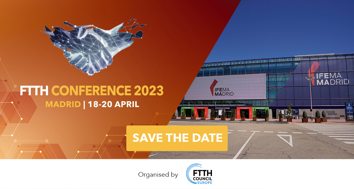 FTTHCouncilEU's tweet photo. [SAVE THE DATE] Next year's FTTH Conference will be held on 18-20 April in Madrid! 🇪🇸 #FTTH23
#FTTH22 https://t.co/xXD4WLKaZx