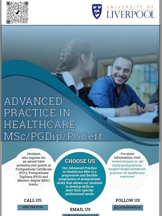 Are you a registered HCP interested in Advanced Practice? Keen to learn more and develop your skills? Our Advanced Practice in Healthcare MSc could be for you! For more info DM or contact us on the details below @LivUniHealthSci @LivHospitals <a href="/wchc_nhs/">Wirral Community Health&Care NHS Foundation Trust</a> <a href="/Mersey_Care/">Mersey Care NHS FT 🏳️‍🌈</a> <a href="/CCCNHS/">The Clatterbridge Cancer Centre</a>